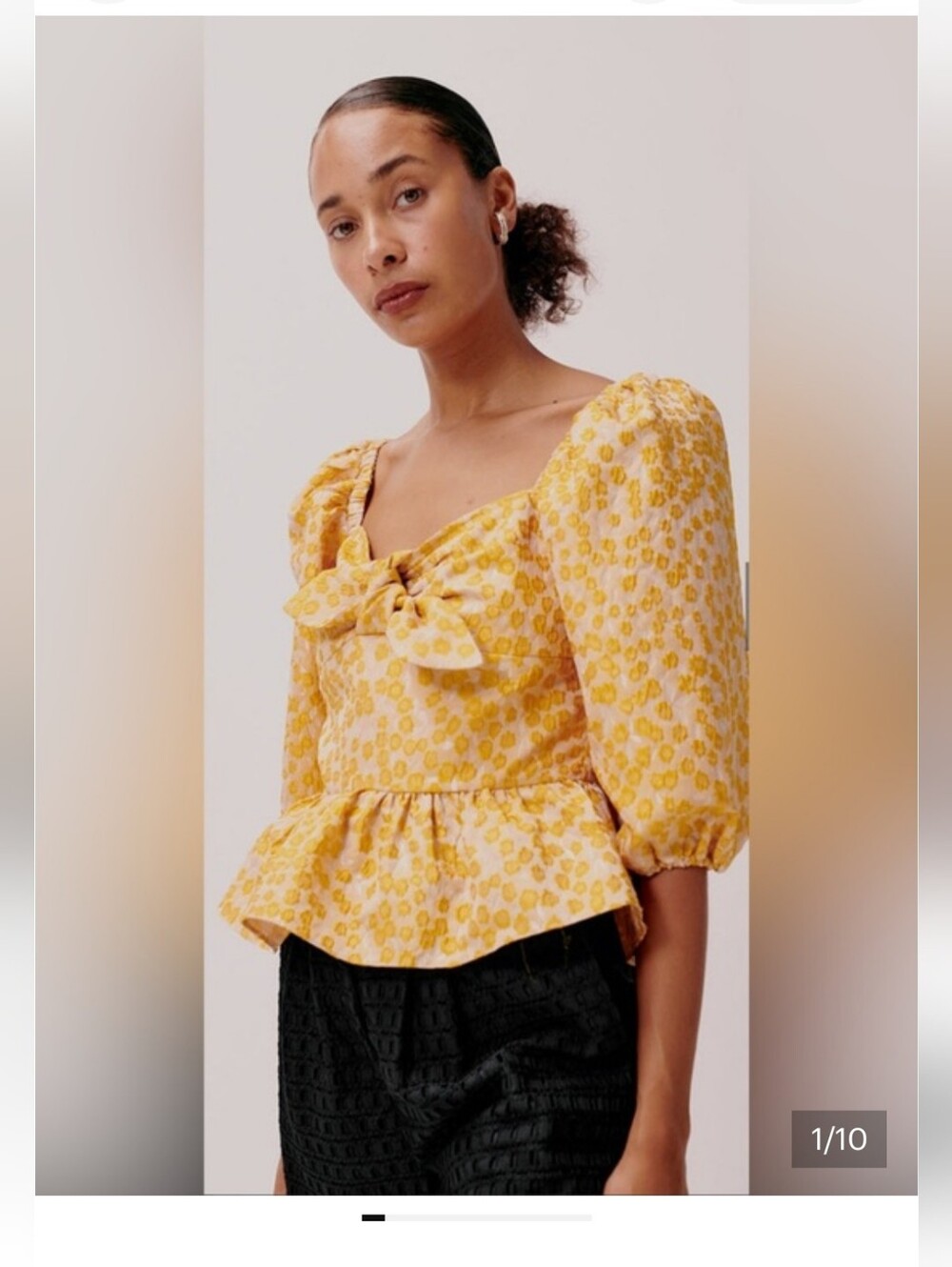 Hoffman Copengagen Yellow-Gold Floral Puff-Sleeve Peplum Blouse